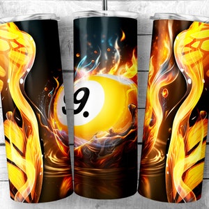 Flaming Pool Nine Ball 20 Unzen Skinny Tumbler Sublimation Design, 9 Ball on Fire Billard Vorlage, Snooker Seamless Wrap, digitaler Download
