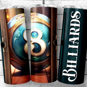 8 ball 20oz Skinny Tumbler Sublimation Design, Pool Table Template with Fancy 3D 8 ball, snooker seamless 20oz wrap,  Digital Download