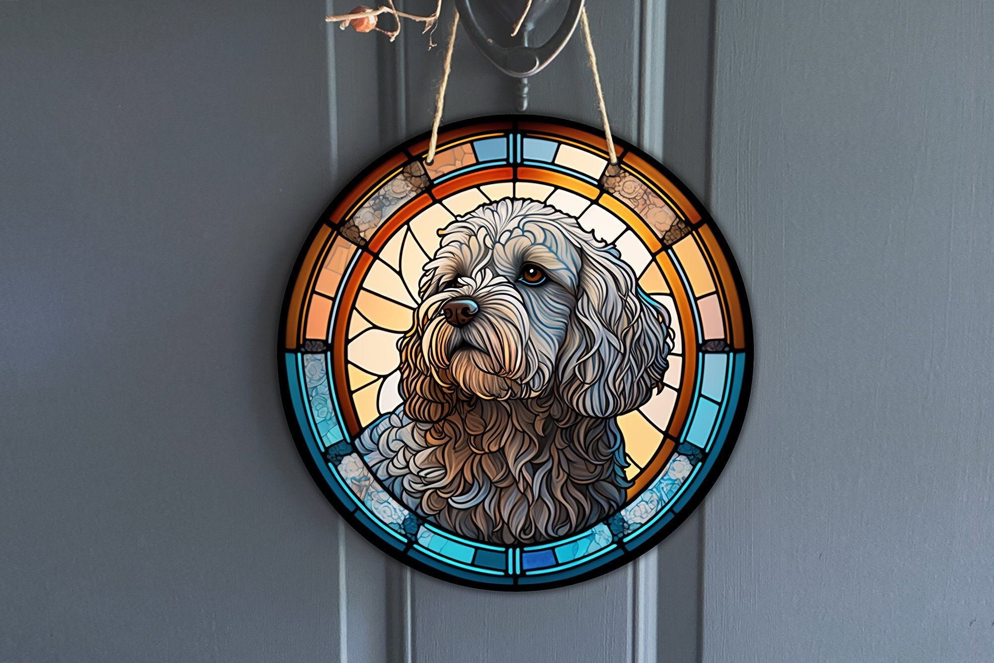 Stained Glass Cockapoo Cockapoo Faux Stained Glass Sign, Round Vintage Spoodle Sign for ...