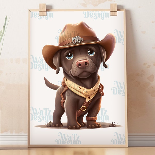 Western Themed Chocolate Labrador PNG - Cute Cartoon Brown Lab Puppy with Big Eyes Sublimation Design, Digital Download Included