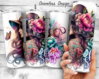 Free Spirit Girl Tumbler Wrap, 20oz Skinny Sublimation Design, Boho Floral Tattoo Art, Butterfly and Peony Digital Download