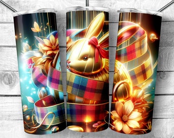 Plaid Easter Bunny and Ribbon 20oz Skinny Tumbler Sublimation Design - luxury Bunny Rabbit with Sparkle PNG, Floral Rabbit, Digital Download