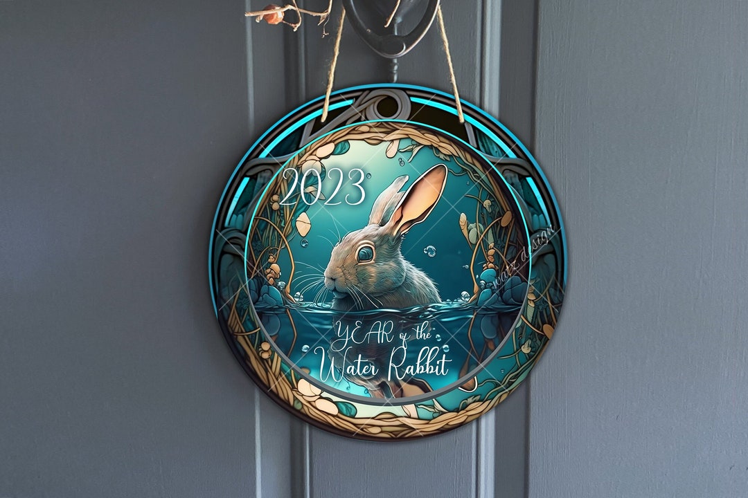 Faux Stained Water Rabbit Sign, Round 2023 Chinese New Year Sign for ...