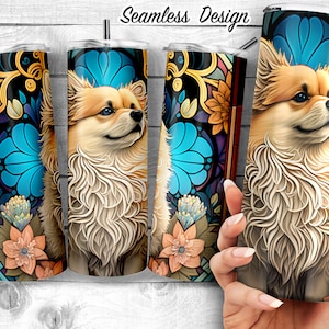 Pomeranian Stained Glass 20oz Skinny Tumbler Design, Pom Ornate Stain Glass, Pommy Lover Gift, Spitz Dog Sublimation Wrap, Digital Download