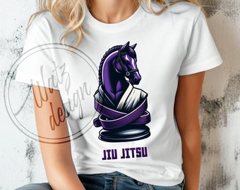 May include: White t-shirt with a purple chess piece design of a horse wearing a white gi and a purple belt. The text "Jiu Jitsu" is printed below the chess piece.