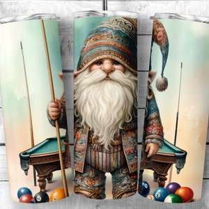May include: A whimsical gnome with a long white beard and a colorful patterned hat stands next to a green pool table with billiard balls. The gnome is holding a pool cue.