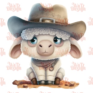 Urocza owca z kowbojskim kapeluszem Png, Western theme baby lamb Sublimation Design, Country art cartoon big eye lamp illustration, Digital Download