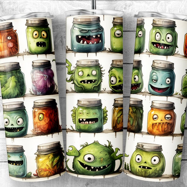 Goofy face monsters in Jars 20oz Skinny Tumbler Design | creepy cartoon creatures in jars Template | Silly Halloween  PNG | Digital Download