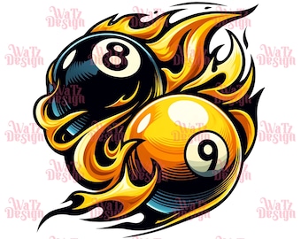 Flaming 8 Balls Png, Flaming billar bolas Diseño de sublimación, ocho bolas y nueve bolas Png, amante de la piscina PNG, Descarga digital