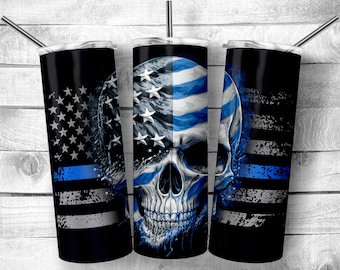 Police flag Patriotic skull 20oz Skinny Tumbler Design | american Flag on a skull Design Tumbler Wrap | officer skull flag Sublimation Wrap