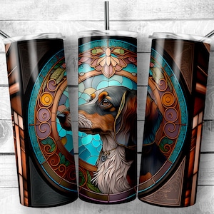 Dachshund stained glass 20oz Skinny Tumbler Design, Doxie ornate stain glass art, Weiner dog lover gift, Sublimation Wrap, Digital Download
