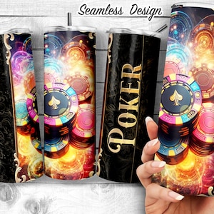 Colorful Poker Chips 20oz Skinny Tumbler Sublimation Design, Luxury Poker Design Template, Card lover, Casino PNG,Digital Download