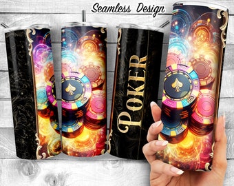Colorful Poker Chips 20oz Skinny Tumbler Sublimation Design, Luxury Poker Design Template, Card lover, Casino PNG,Digital Download