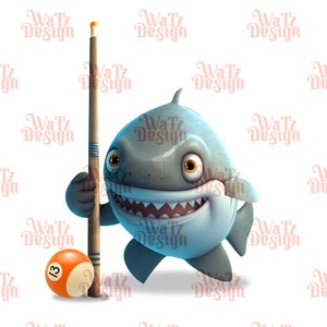 Lindo personaje de tiburón de piscina Png, Billar con temática de tiburón bebé Diseño de sublimación, Snooker art dibujos animados ilustración de tiburón gris, descarga digital