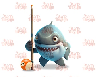 May include: A cartoon shark holding a pool cue with a billiard ball numbered 13 in front of it.