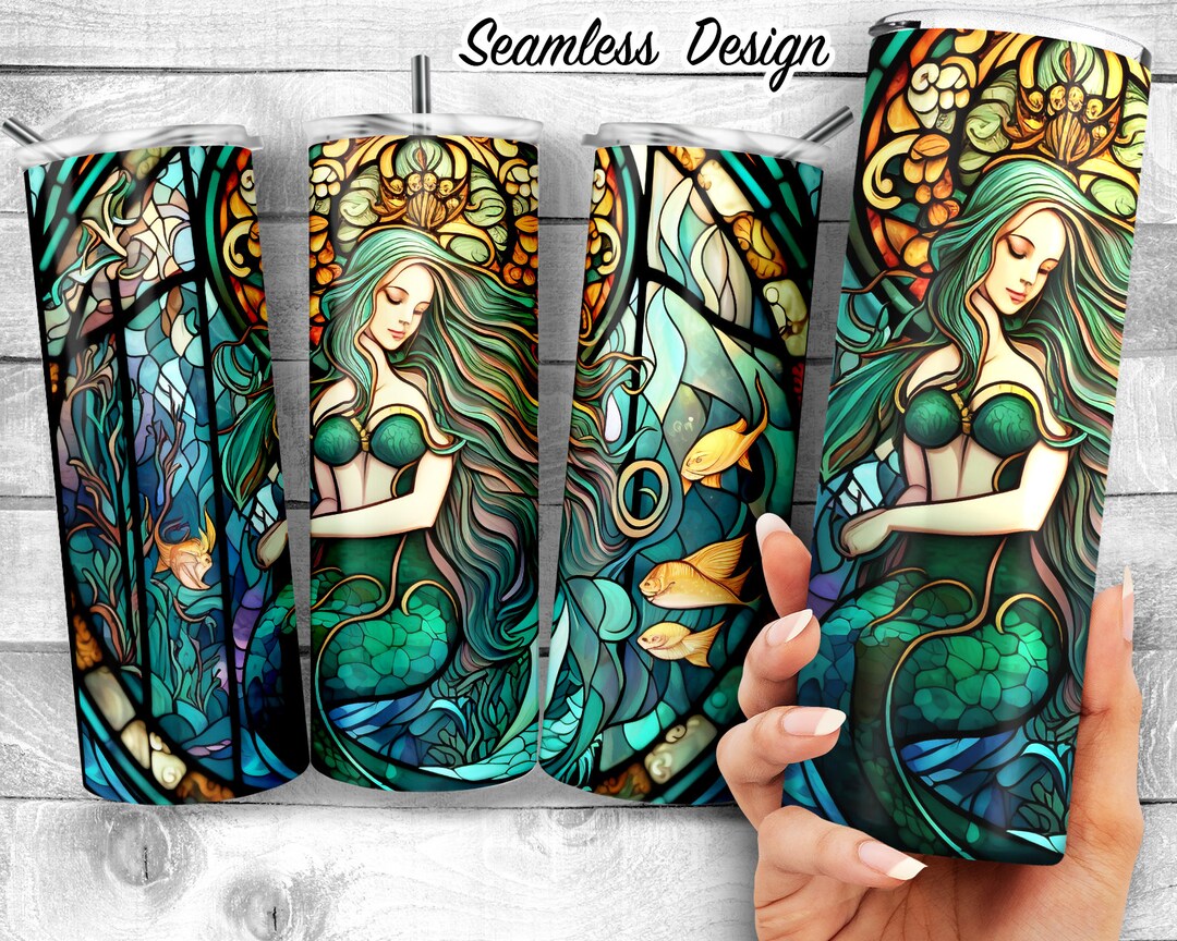 Stained Glass 20oz Skinny Tumbler Mermaid Design, Sea Maiden Stain ...