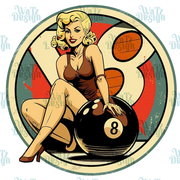 Sexy blonde Vintage Pin-up model with eight ball Png Sublimation Design, brown dress model Png, Billiards retro bombshell Png, snooker Png