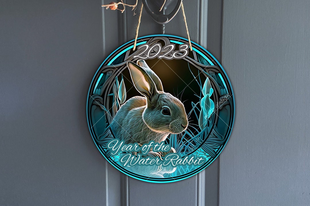 Faux Stained Water Rabbit Sign, Round 2023 Chinese New Year Sign for ...