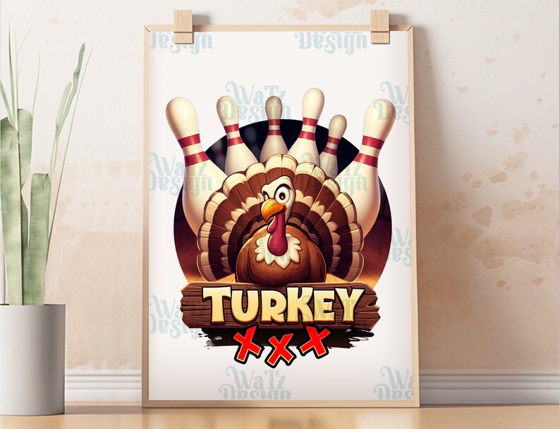 Cartoon Turkey Bowling Pins Png, Gobbler con bolos Diseño de sublimación, Divertido diseño de sublimación de huelga de pavo, Descarga digital imagen 3
