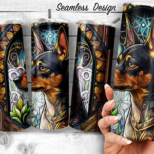 Miniature Pinscher Stained Glass 20oz Skinny Tumbler Design, Min Pin Ornate Stain Glass, Dog Lover Gift, Sublimation Wrap, Digital Download