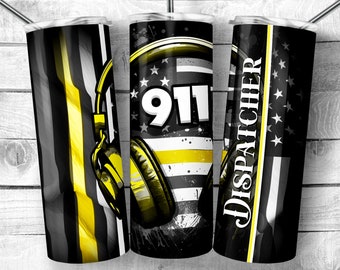 911 Dispatcher Flag 20oz Skinny Tumbler Design / Línea dorada delgada Tumbler Wrap / Sublimación de auriculares Dispatcher, descarga digital