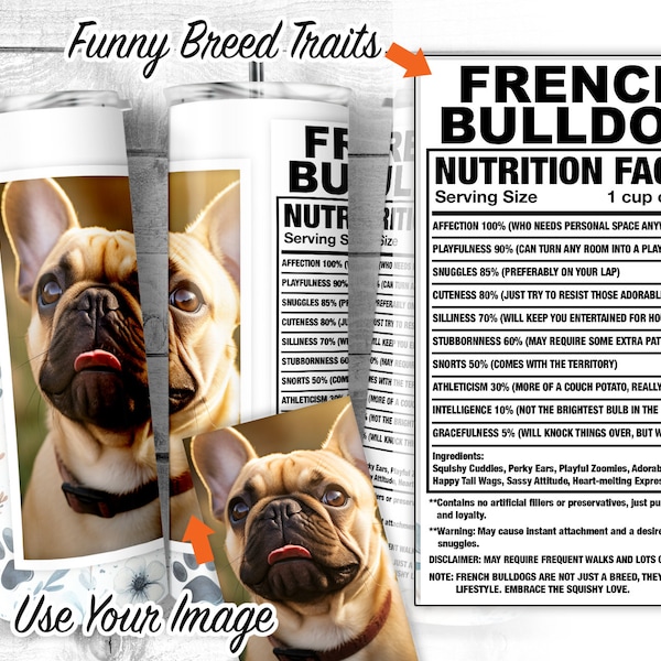 Add Own Photo French Bulldog 20oz Skinny Tumbler Design, Frenchie Dog Facts and Traits, Dog photo Tumbler Wrap, Digital Download