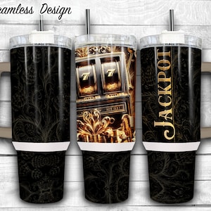 Gold and Black Slot Machine 40oz Skinny Tumbler Sublimation Design, Luxury Jackpot Slot Design Template, Casino PNG,Digital Download