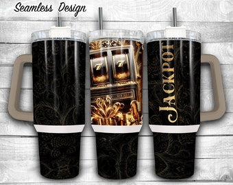 Gold and Black Slot Machine 40oz Skinny Tumbler Sublimation Design, Luxury Jackpot Slot Design Template, Casino PNG,Digital Download