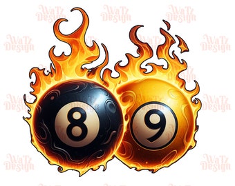 Flaming 8 Balls Png, Flaming billar bolas Diseño de sublimación, ocho bolas y nueve bolas Png, amante de la piscina PNG, Descarga digital