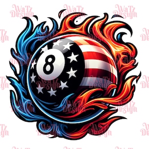 May include: A red, white, and blue 8-ball with flames and blue swirls around it. The 8-ball is a pool ball with the number 8 on it.