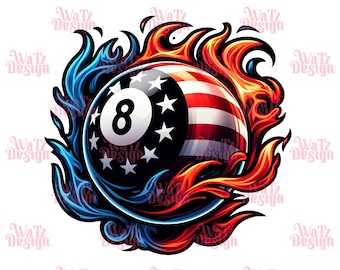 Flaming Usa 8 Ball Png, Flaming patriótico bolas de billar Diseño de sublimación, ocho bolas America Png, amante de la piscina PNG, Descarga digital
