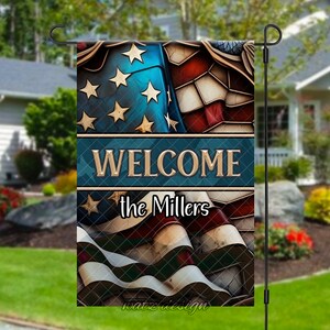 May include: A welcome garden flag with a distressed American flag design. The flag is red, white, and blue with stars and stripes. The text "WELCOME the Millers" is printed on the flag.