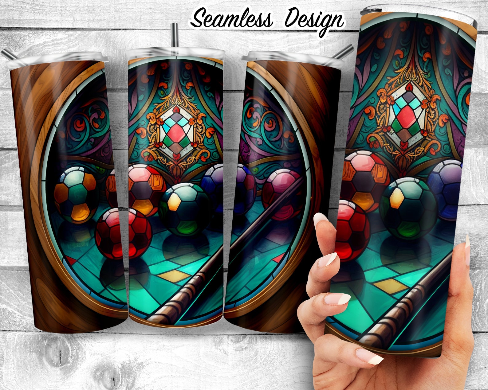 Vintage Faux Stained Glass Billiards 20oz Skinny Tumbler Design
