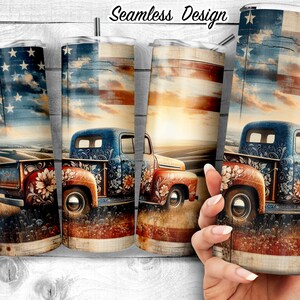 Vintage Patriotic Pickup Truck 20oz Skinny Tapered & Straight Tumbler Design - Classic July 4th Floral PickupTumbler Wrap , Digital Download
