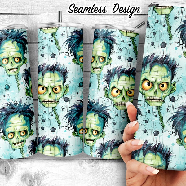 Frankenstein Funny Faces Pattern 20oz Skinny Tumbler Design, Watercolor Funny Green Monsters Template, Goofy Halloween PNG, Digital Download