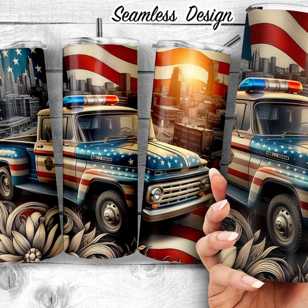 Vintage Patriotic Police Pickup Truck 20oz Skinny Tumbler Design - Classic Law Enforcement Floral Cruiser Tumbler Wrap, Digital Download