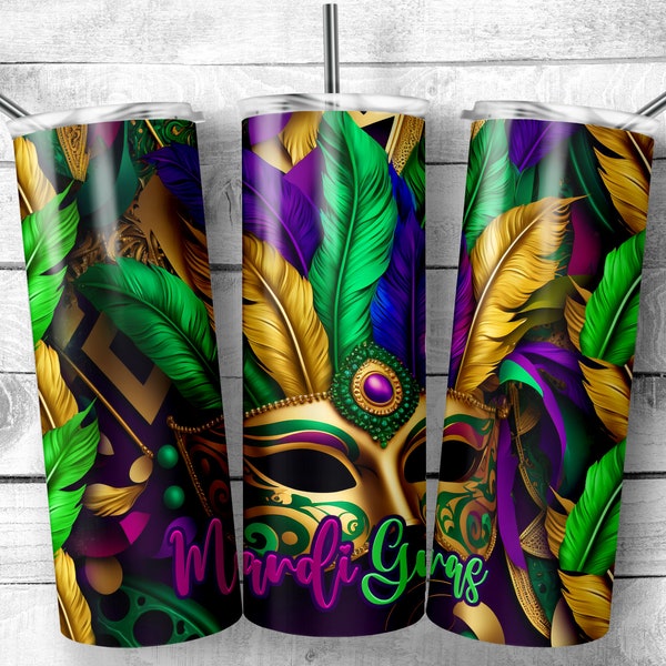 Mardi Gras 20oz Skinny Tumbler Design, paillettes et plumes Tumbler Wrap, masque Mardi Gras Sublimation Wrap, fleur de lis Téléchargement numérique