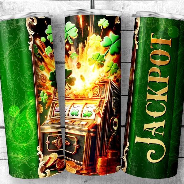 Lucky Slot Machine 20oz Skinny Tumbler Sublimation Design, Gold and Green Jackpot Slot Design Template, Casino PNG,Digital Download