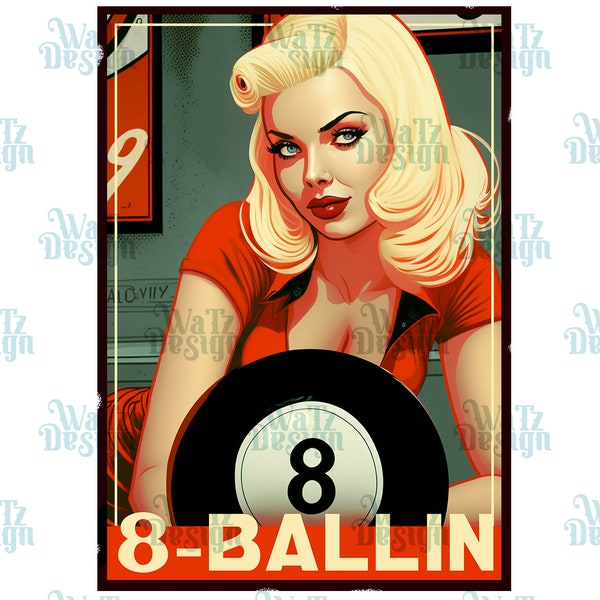 Sexy blonde Vintage Pin-up model with eight ball Png Sublimation Design, pretty red dress Png, Billiards retro bombshell Png, snooker Png
