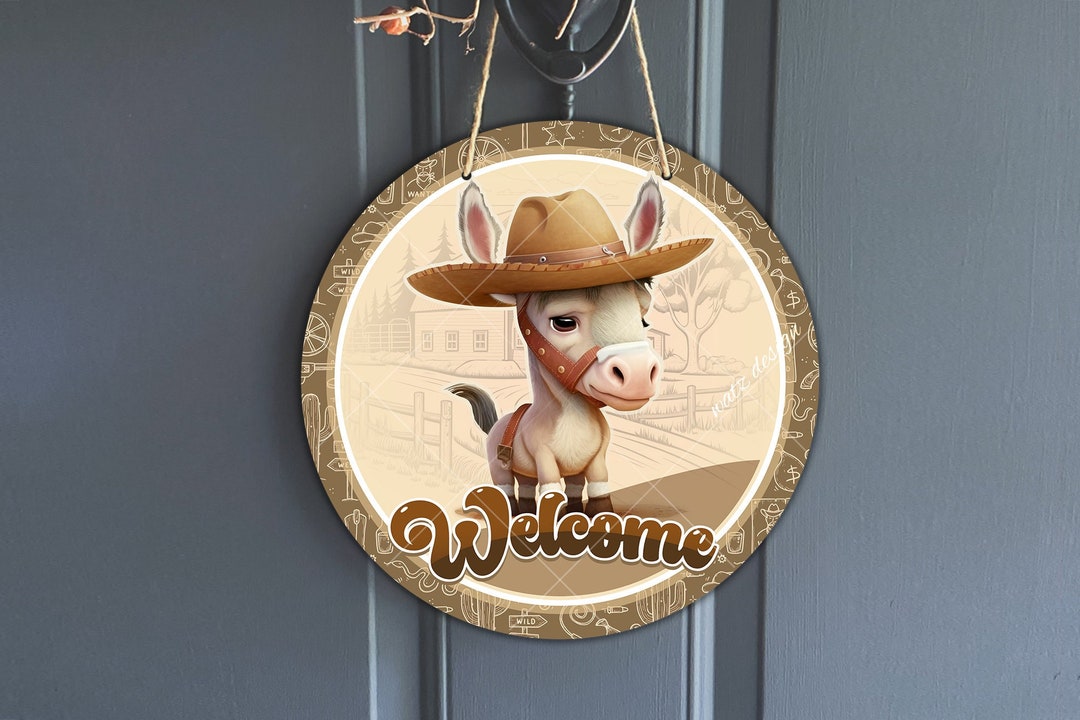 Donkey Rodeo Sign Funny Big Eyed Donkey Wearing Cowboy Hat Door Hanger Design, Western ...