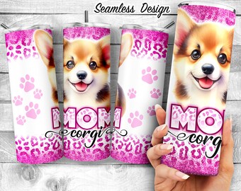 Op de afbeelding: Een roze en witte tumbler met een cartoon corgi hond en de tekst "Mom Corgi". De tumbler heeft een roze glitter achtergrond en een luipaardprint.