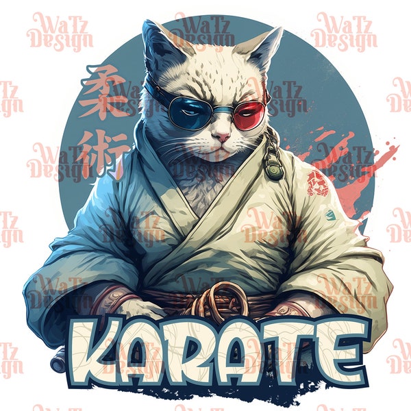 Karate Cat Png, Martial Arts Cat in shades Sublimation Design, Train Karate Feline Png, red / blue and red cat glasses PNG, Digital Download