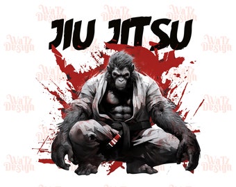 May include: A black and white illustration of a gorilla wearing a white gi and a black belt, with red splatters in the background. The text "JIU JITSU" is written in black above the gorilla.