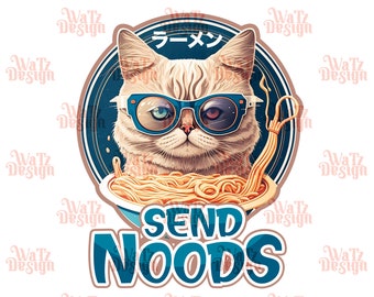 Send noods Cat Png, funny ramen cat Sublimation Design, hungry kitty eating noodles Png, silly cat with shades PNG, Digital Download
