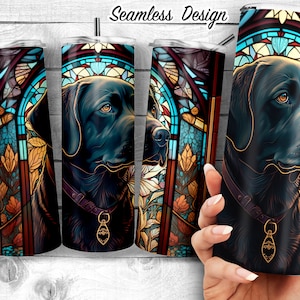 May include: A black Labrador Retriever with a gold collar and tag is featured in a stained glass design. The background is a colorful stained glass pattern with blue, green, red, and yellow hues.