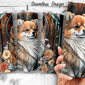 Pomeranian Stained Glass 20oz Skinny Tumbler Design, Pom Ornate Stain Glass, Pommy Lover Gift, Spitz Dog Sublimation Wrap, Digital Download