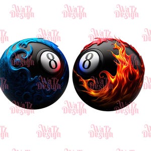 May include: Two 8-ball pool balls, one with blue flames and the other with orange flames.