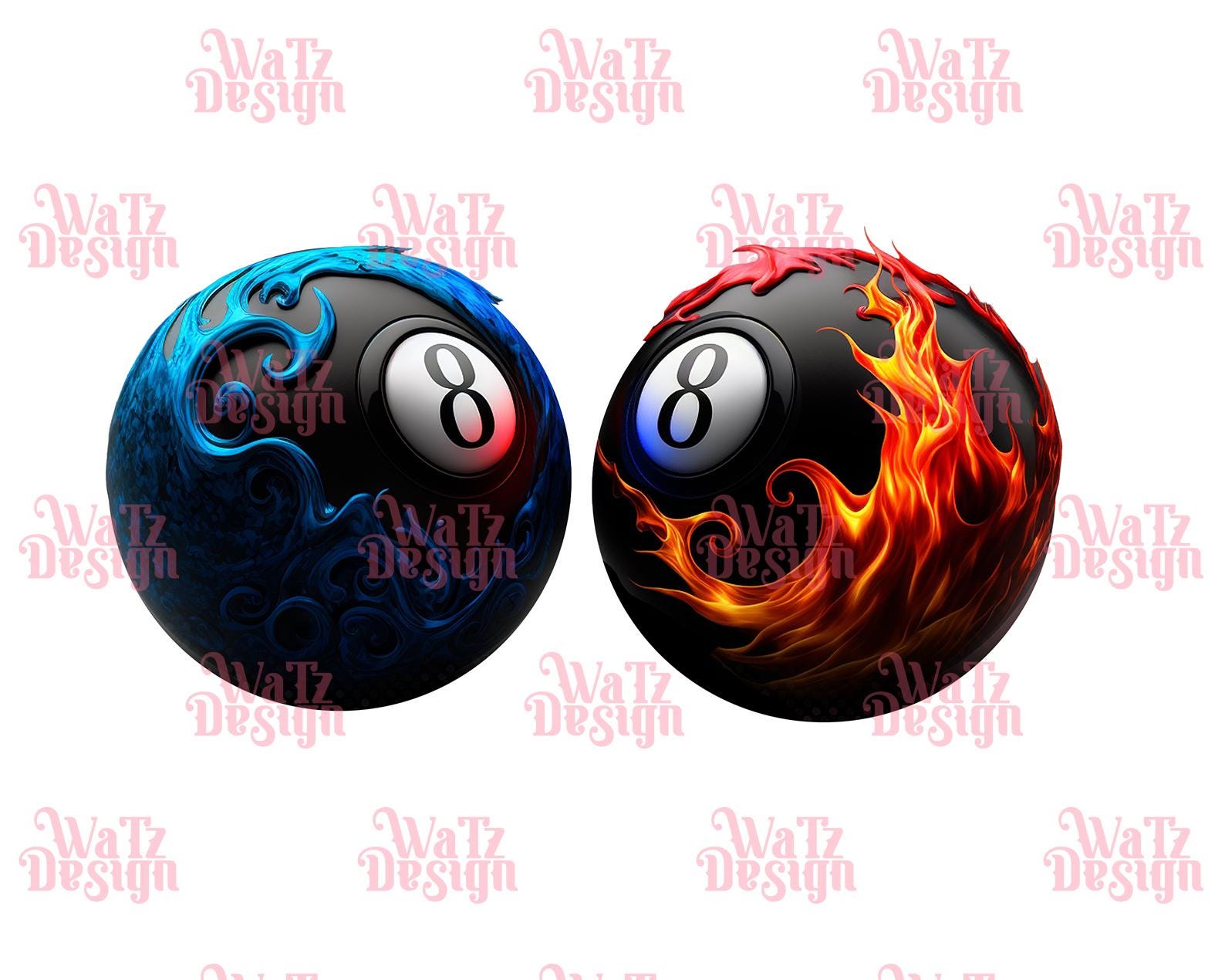 Blue Flame and Red Flame 8 Ball Billiards PNG, Fireball Pool Balls