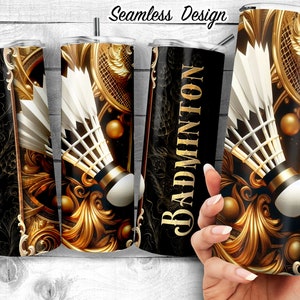 Gold and Black Badminton 20oz Skinny Tumbler Sublimation Design, Luxury Shuttlecock Design Template, Birdie for Badminton, Digital Download