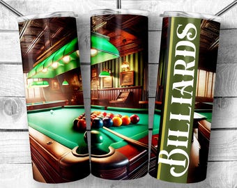 Classic Billiards Room 20oz Skinny Tumbler Wrap,Vintage Pool Table and Snooker Balls Design, Digital Download, Seamless Sublimation Template